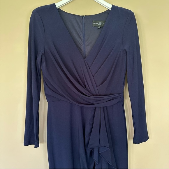 Betsy & Adam Elle Women 8 Long Sleeve Maxi Dress Gown Navy Blue Side Slit Ruffle - Picture 7 of 12